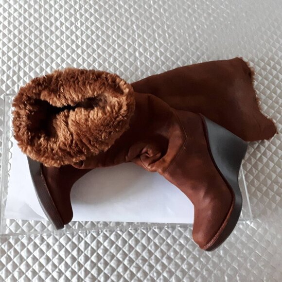 NWT MICHAEL Michael Kors brown distressed faux suede & faux fur lined long boots - Picture 8 of 15